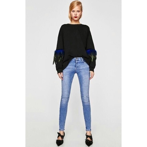 Zara Trafaluc Small Feather-Accent Sweater Black Blue  Oversized Balloon Sleeve - Picture 5 of 16